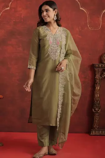 Ethnic Motifs Embroidered V-Neck Straight Kurta With Trousers & Dupatta