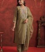 Ethnic Motifs Embroidered V-Neck Straight Kurta With Trousers & Dupatta