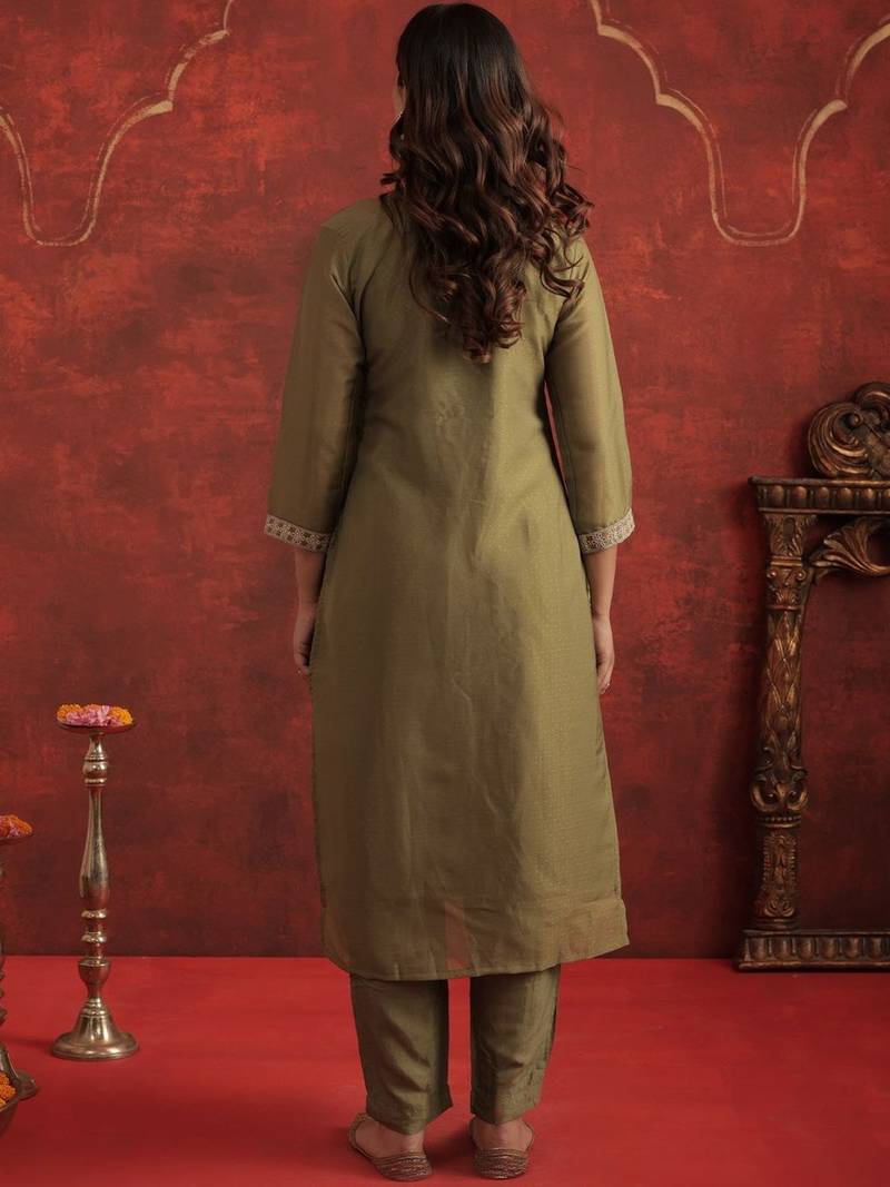 Ethnic Motifs Embroidered V-Neck Straight Kurta With Trousers & Dupatta