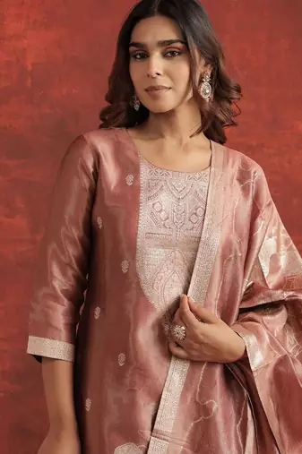 Floral Woven Design Round Neck Straight Kurta With Trousers & Dupatta