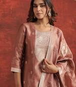 Floral Woven Design Round Neck Straight Kurta With Trousers & Dupatta