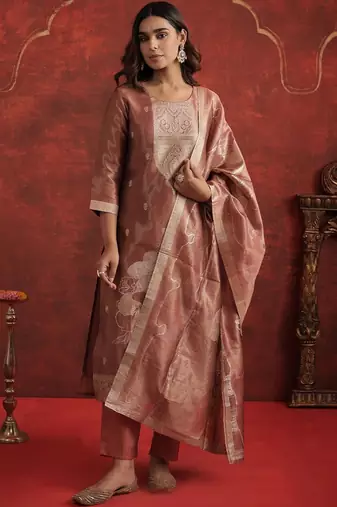 Floral Woven Design Round Neck Straight Kurta With Trousers & Dupatta