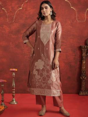 Floral Woven Design Round Neck Straight Kurta With Trousers & Dupatta 3