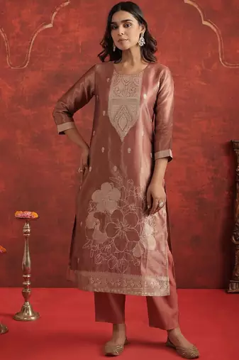 Floral Woven Design Round Neck Straight Kurta With Trousers & Dupatta