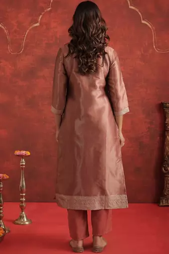 Floral Woven Design Round Neck Straight Kurta With Trousers & Dupatta