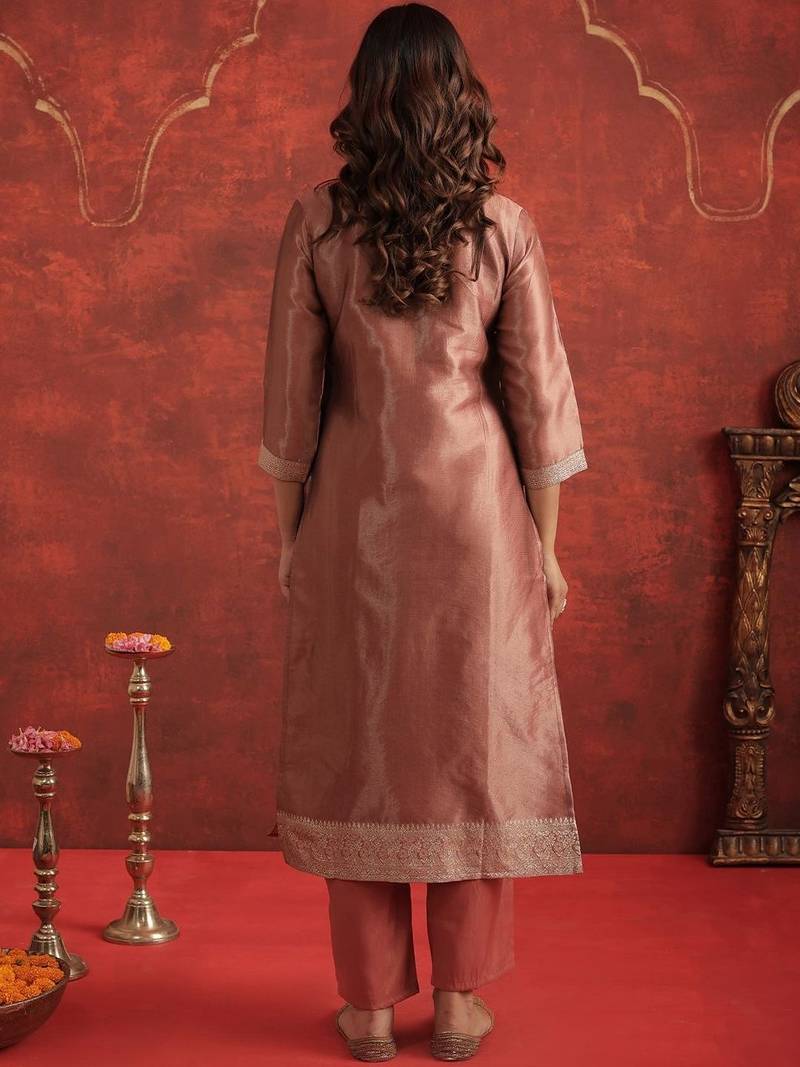 Floral Woven Design Round Neck Straight Kurta With Trousers & Dupatta