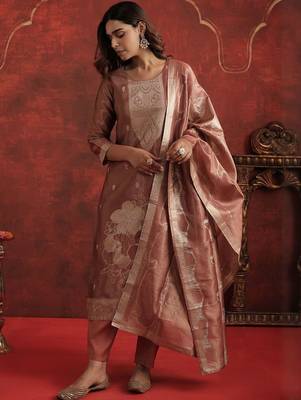 Floral Woven Design Round Neck Straight Kurta With Trousers & Dupatta 5