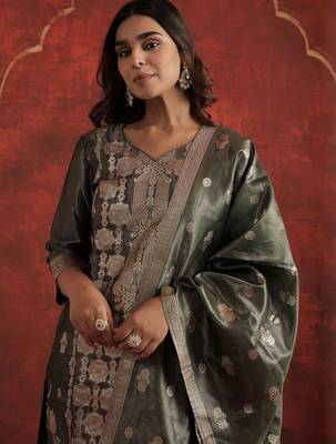 Woven Design V-Neck Zari Straight Kurta With Trousers & Dupatta 1