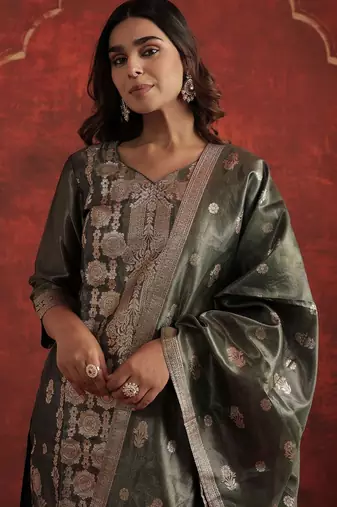 Woven Design V-Neck Zari Straight Kurta With Trousers & Dupatta