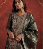 Woven Design V-Neck Zari Straight Kurta With Trousers & Dupatta