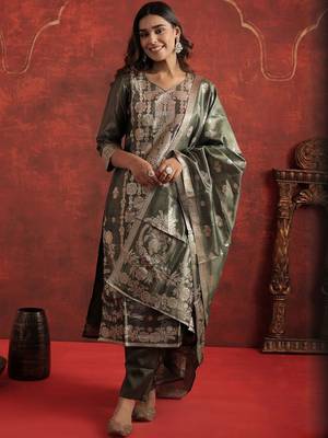 Woven Design V-Neck Zari Straight Kurta With Trousers & Dupatta 2