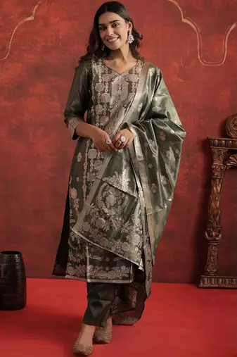 Woven Design V-Neck Zari Straight Kurta With Trousers & Dupatta