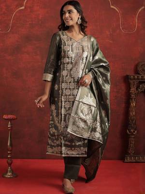 Woven Design V-Neck Zari Straight Kurta With Trousers & Dupatta 3