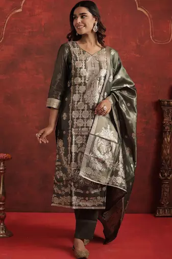 Woven Design V-Neck Zari Straight Kurta With Trousers & Dupatta