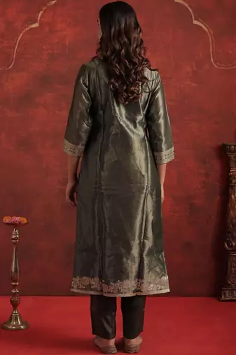Woven Design V-Neck Zari Straight Kurta With Trousers & Dupatta