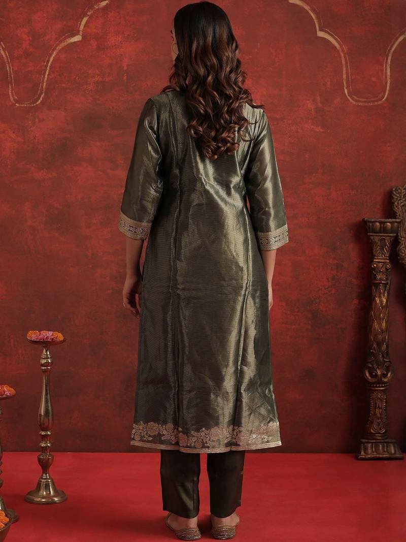 Woven Design V-Neck Zari Straight Kurta With Trousers & Dupatta