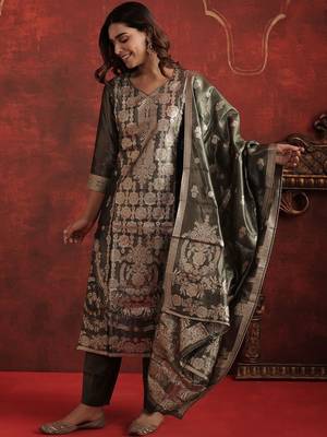 Woven Design V-Neck Zari Straight Kurta With Trousers & Dupatta 5