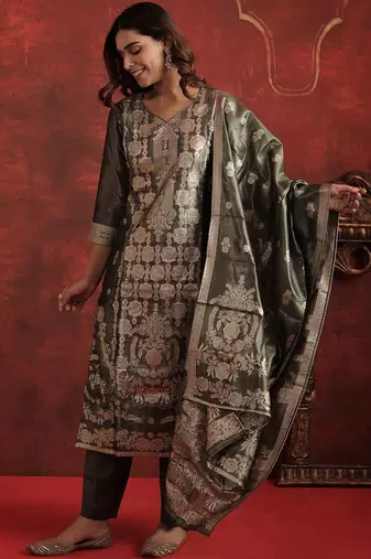Woven Design V-Neck Zari Straight Kurta With Trousers & Dupatta