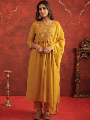 Women Floral Embroidered A-Line Kurta with Trousers & Dupatta 2
