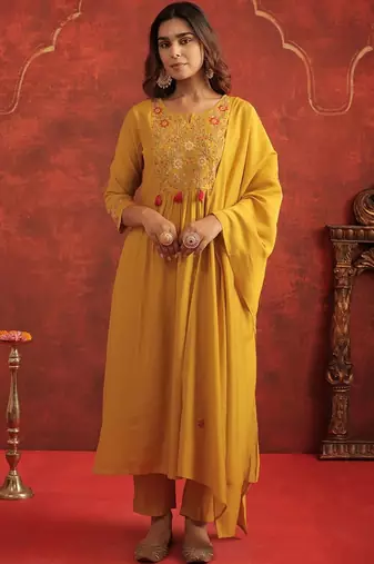 Women Floral Embroidered A-Line Kurta with Trousers & Dupatta