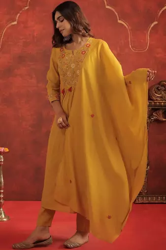 Women Floral Embroidered A-Line Kurta with Trousers & Dupatta