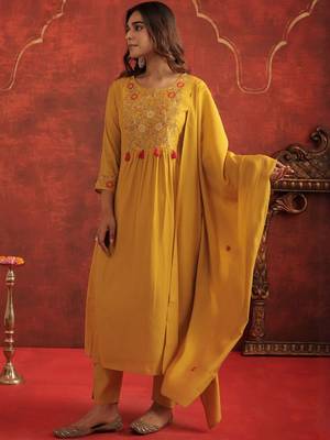 Women Floral Embroidered A-Line Kurta with Trousers & Dupatta 5