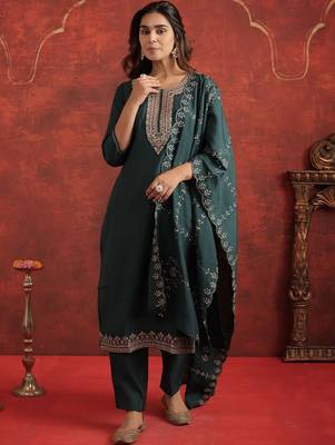 Floral Yoke Design Round Neck Thread Work Kurta With Trousers & Dupatta 1