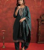 Floral Yoke Design Round Neck Thread Work Kurta With Trousers & Dupatta