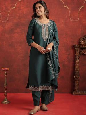 Floral Yoke Design Round Neck Thread Work Kurta With Trousers & Dupatta 6