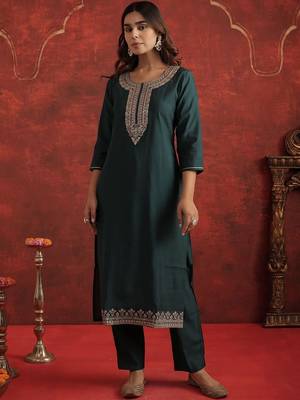 Floral Yoke Design Round Neck Thread Work Kurta With Trousers & Dupatta 7