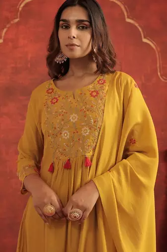Women Floral Embroidered A-Line Kurta with Trousers & Dupatta