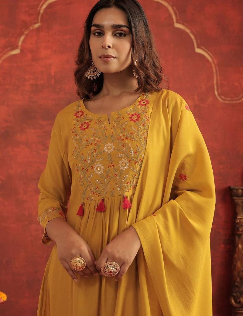 Women Floral Embroidered A-Line Kurta with Trousers & Dupatta