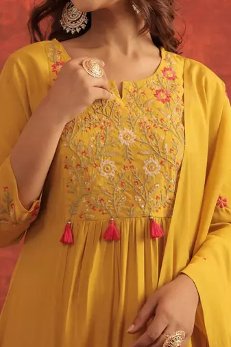 Women Floral Embroidered A-Line Kurta with Trousers & Dupatta