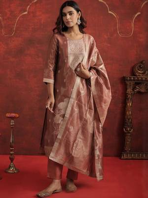 Ethnic Motifs Woven Design Zari Straight Kurta With Trousers & Dupatta 1