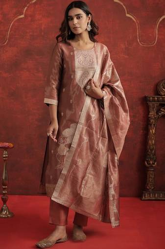 Ethnic Motifs Woven Design Zari Straight Kurta With Trousers & Dupatta