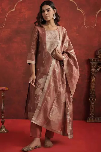Ethnic Motifs Woven Design Zari Straight Kurta With Trousers & Dupatta