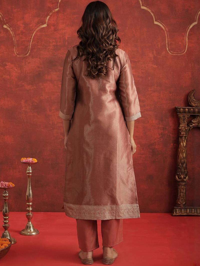 Ethnic Motifs Woven Design Zari Straight Kurta With Trousers & Dupatta