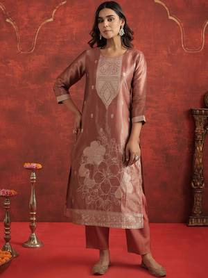 Ethnic Motifs Woven Design Zari Straight Kurta With Trousers & Dupatta 4