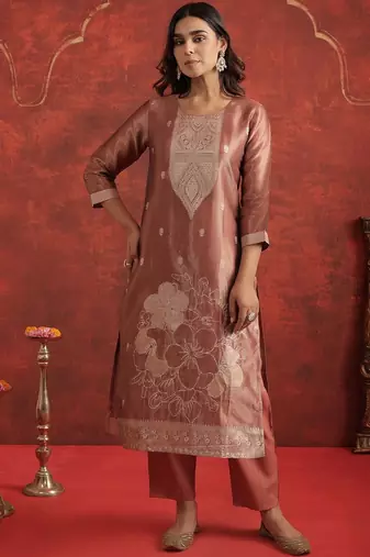 Ethnic Motifs Woven Design Zari Straight Kurta With Trousers & Dupatta