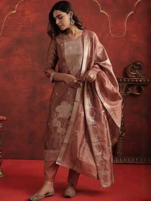 Ethnic Motifs Woven Design Zari Straight Kurta With Trousers & Dupatta 5