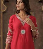 Floral Embroidered V-Neck Mirror Work Straight Kurta With Trousers