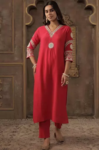 Floral Embroidered V-Neck Mirror Work Straight Kurta With Trousers