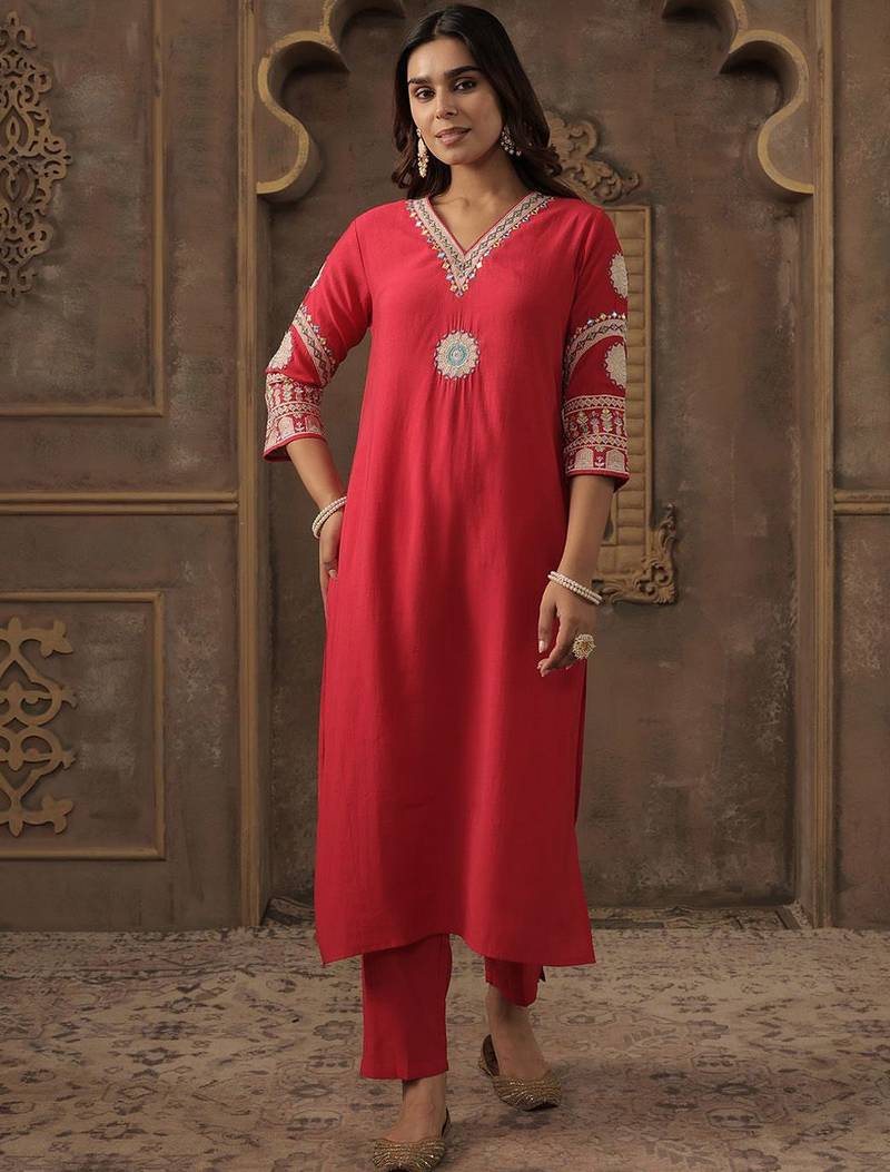 Floral Embroidered V-Neck Mirror Work Straight Kurta With Trousers