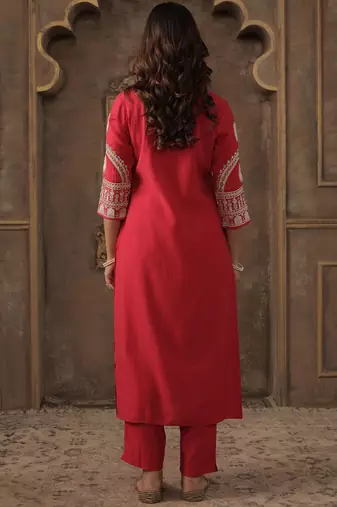 Floral Embroidered V-Neck Mirror Work Straight Kurta With Trousers