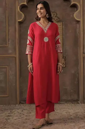 Floral Embroidered V-Neck Mirror Work Straight Kurta With Trousers