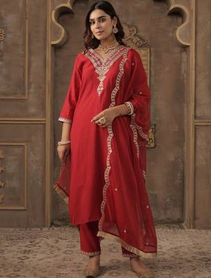 Ethnic Motifs Embroidered V-Neck Straight Kurta With Trousers & Dupatta 1