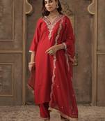 Ethnic Motifs Embroidered V-Neck Straight Kurta With Trousers & Dupatta