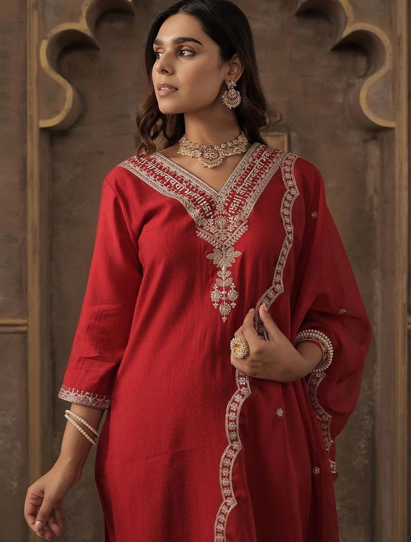 Ethnic Motifs Embroidered V-Neck Straight Kurta With Trousers & Dupatta