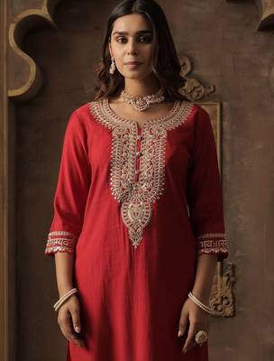 Women Ethnic Motifs Embroidered Kurta with Trousers 5