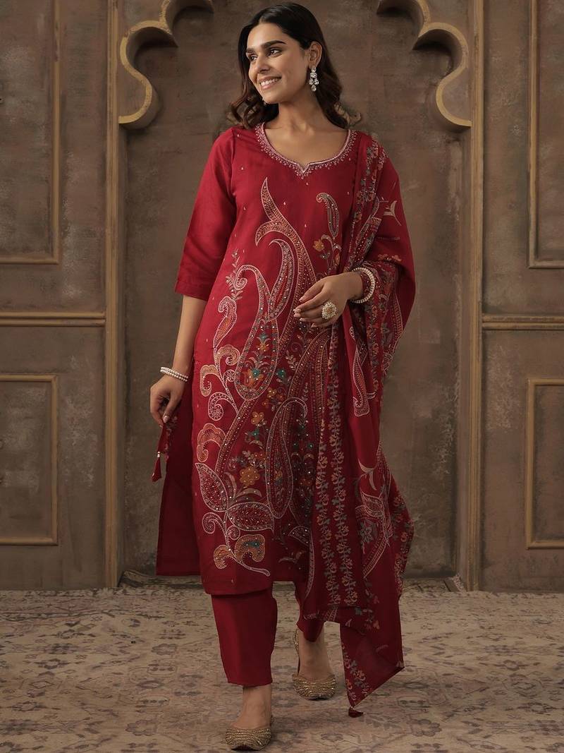 Women Ethnic Motifs Printed Regular Sequinned Kurta with Trousers & Dupatta